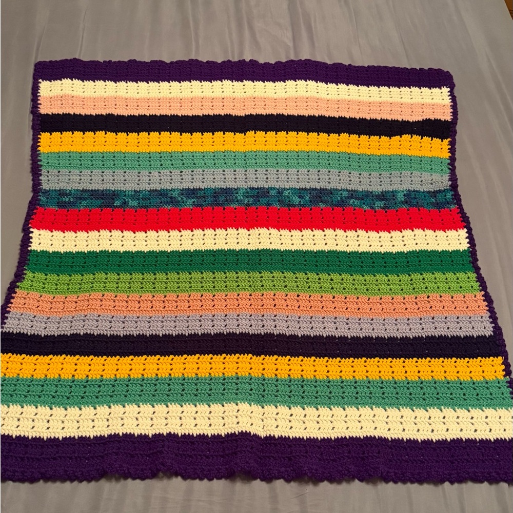 Vintage Handmade Colorful Striped Crochet Blanket